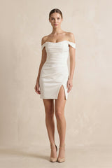 Off The Shoulder Satin Sheath Wedding Dress in Ivory - KISS BRIDAL Wedding Dresses