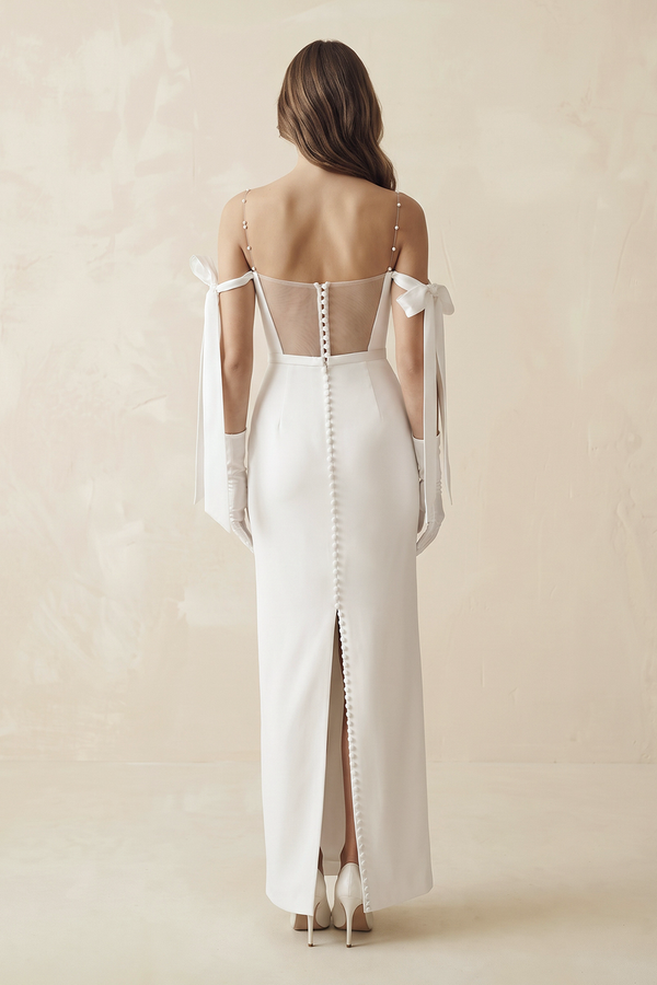 Off The Shoulder Satin Sheath Wedding Dress with Pearl in White (2) | KISSBRIDAL
