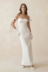 Off The Shoulder Satin Sheath Wedding Dress with Pearl in White - KISS BRIDAL Wedding Dresses
