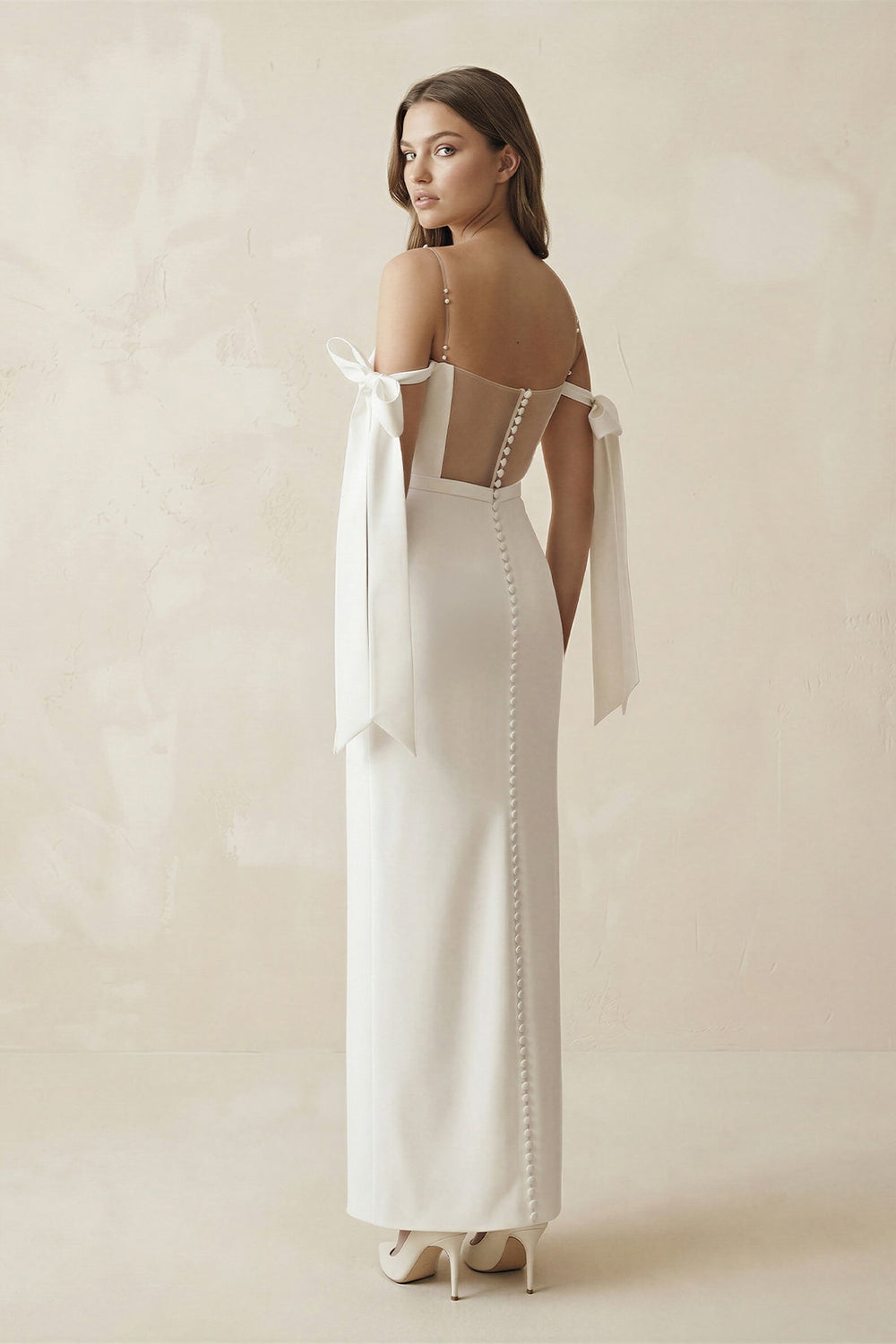 Off The Shoulder Satin Sheath Wedding Dress with Pearl in White - KISS BRIDAL Wedding Dresses