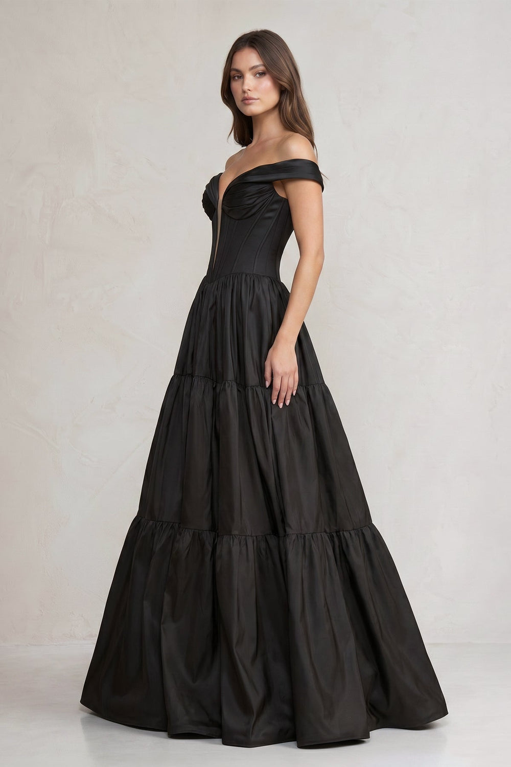 Off - the - Shoulder Satin Tiere Plunging Wedding Dress in Black - KISS BRIDAL Wedding Dresses