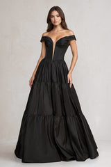 Off - the - Shoulder Satin Tiere Plunging Wedding Dress in Black - KISS BRIDAL Wedding Dresses