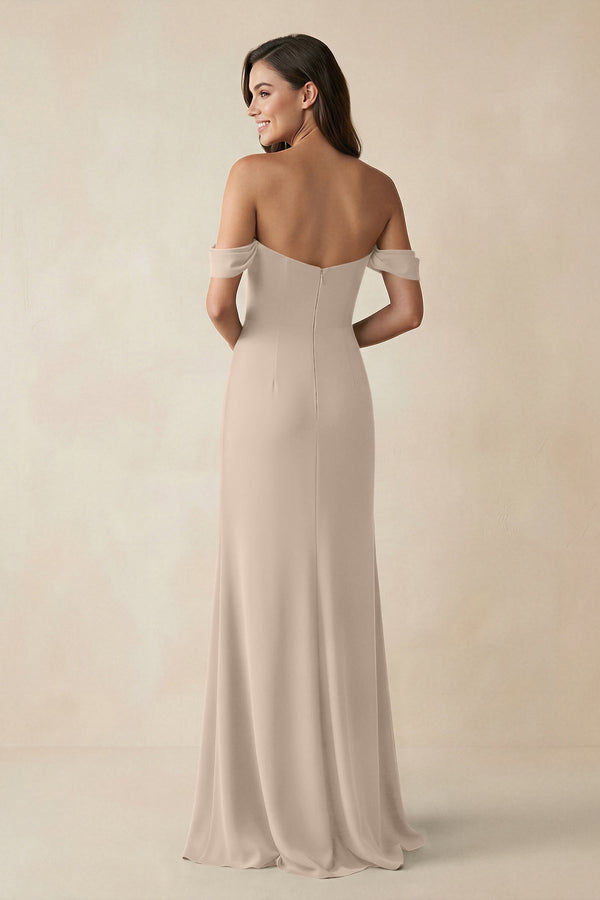 Off - the - Shoulder Sheath Bridesmaid Dress with Slit in Almond - KISS BRIDAL Bridesmaid Dresses