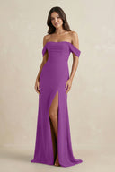 Off - the - Shoulder Sheath Bridesmaid Dress with Slit in Amethyst - KISS BRIDAL Bridesmaid Dresses