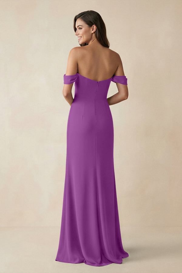 Off - the - Shoulder Sheath Bridesmaid Dress with Slit in Amethyst - KISS BRIDAL Bridesmaid Dresses