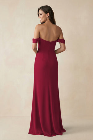 Off - the - Shoulder Sheath Bridesmaid Dress with Slit in Berry - KISS BRIDAL Bridesmaid Dresses