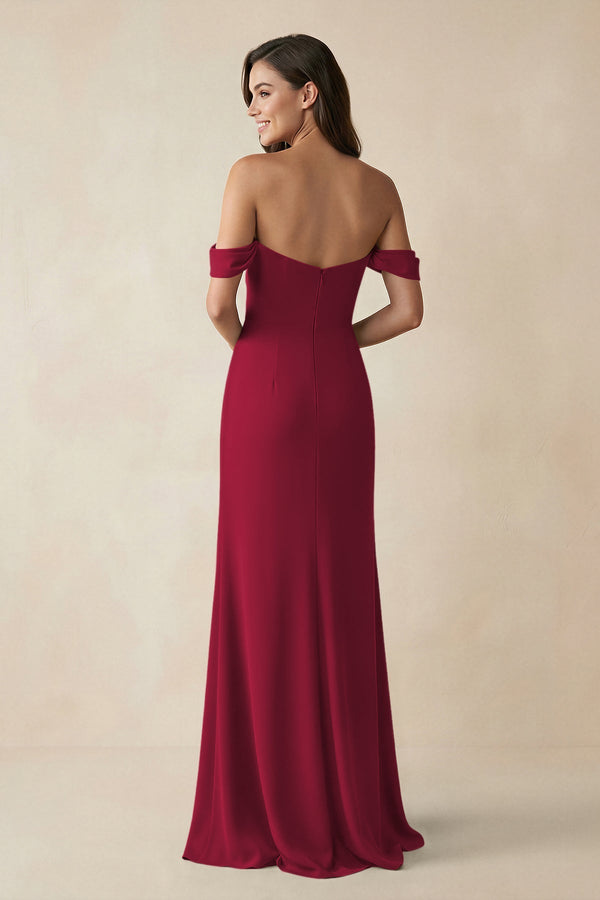 Off - the - Shoulder Sheath Bridesmaid Dress with Slit in Berry - KISS BRIDAL Bridesmaid Dresses