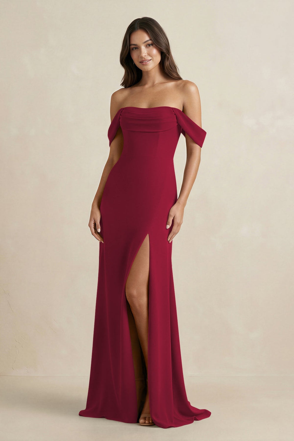 Off - the - Shoulder Sheath Bridesmaid Dress with Slit in Berry - KISS BRIDAL Bridesmaid Dresses