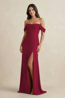 Off - the - Shoulder Sheath Bridesmaid Dress with Slit in Berry - KISS BRIDAL Bridesmaid Dresses