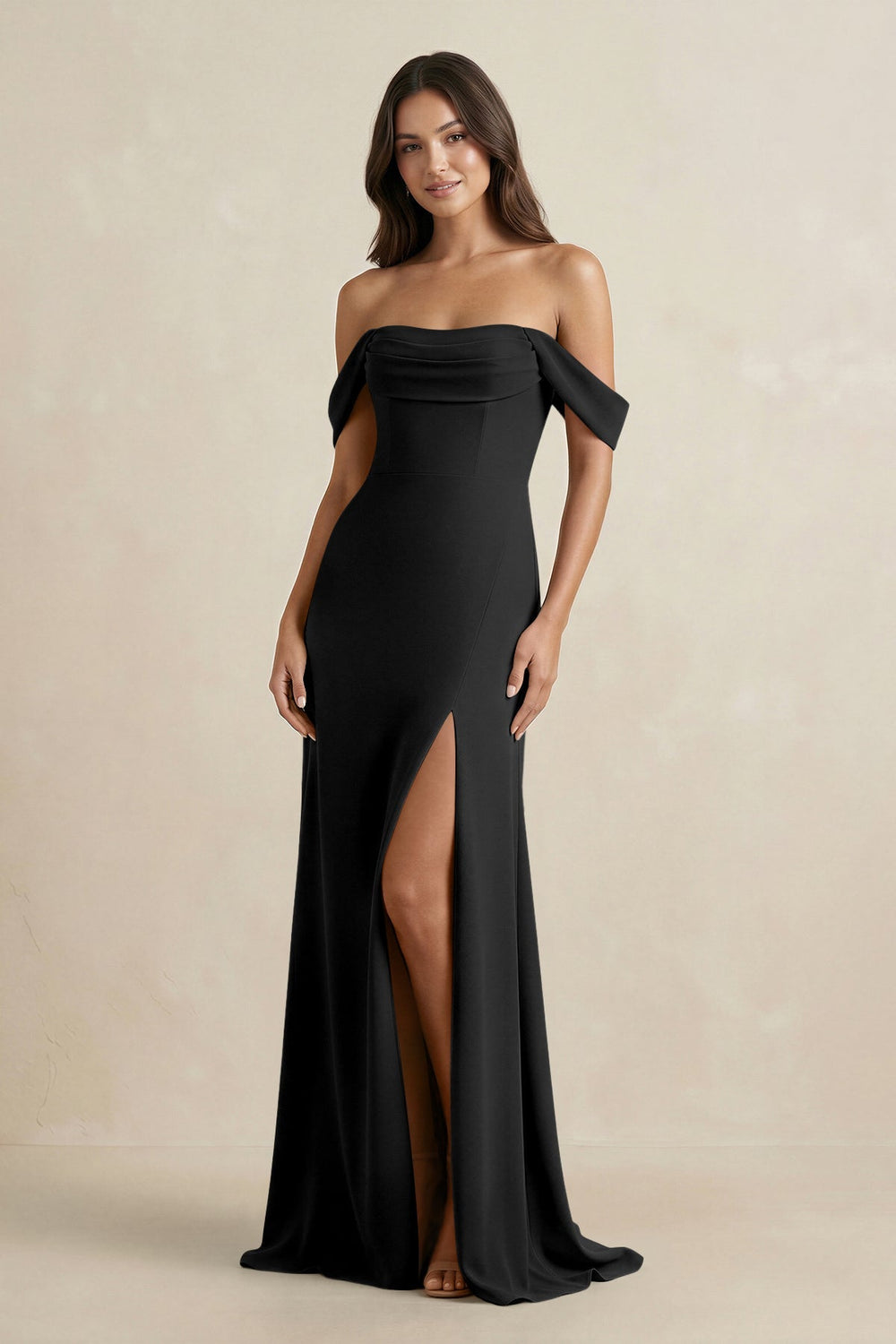 Off - the - Shoulder Sheath Bridesmaid Dress with Slit in Black - KISS BRIDAL Bridesmaid Dresses