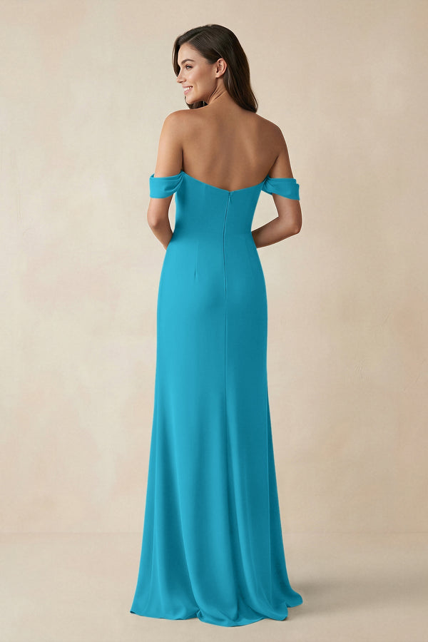 Off - the - Shoulder Sheath Bridesmaid Dress with Slit in Blue Jay - KISS BRIDAL Bridesmaid Dresses