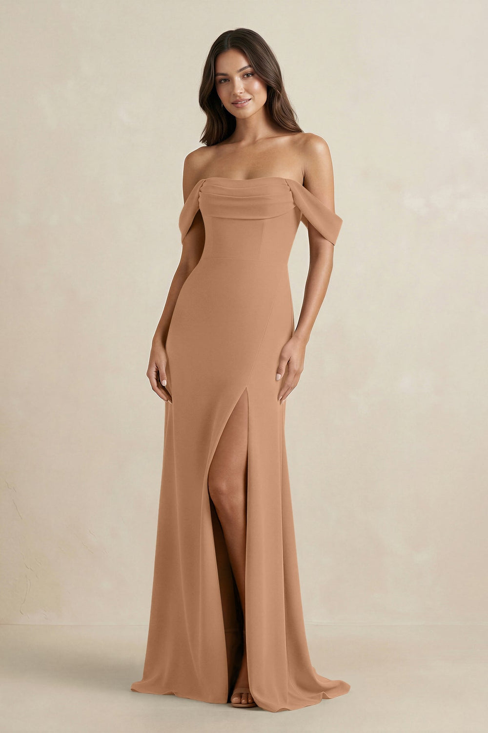 Off - the - Shoulder Sheath Bridesmaid Dress with Slit in Bronzer - KISS BRIDAL Bridesmaid Dresses