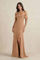 Off - the - Shoulder Sheath Bridesmaid Dress with Slit in Bronzer - KISS BRIDAL Bridesmaid Dresses