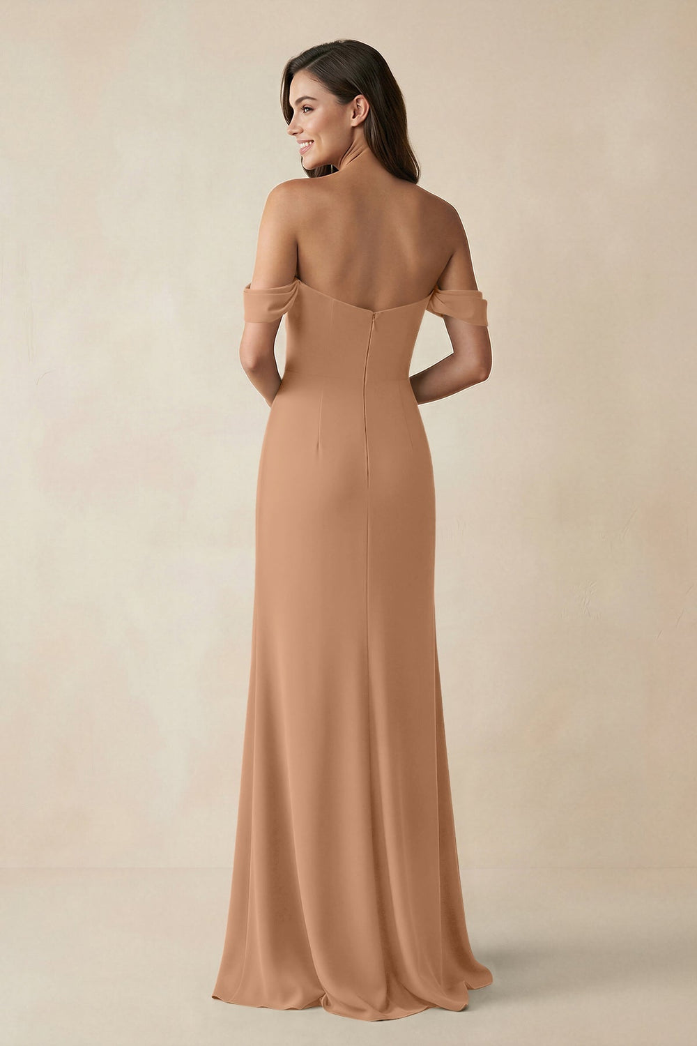 Off - the - Shoulder Sheath Bridesmaid Dress with Slit in Bronzer - KISS BRIDAL Bridesmaid Dresses