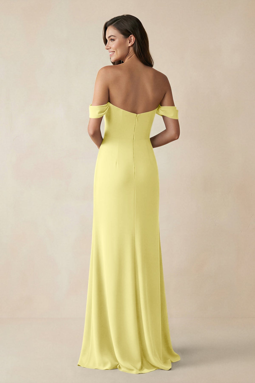 Off - the - Shoulder Sheath Bridesmaid Dress with Slit in Buttercup - KISS BRIDAL Bridesmaid Dresses