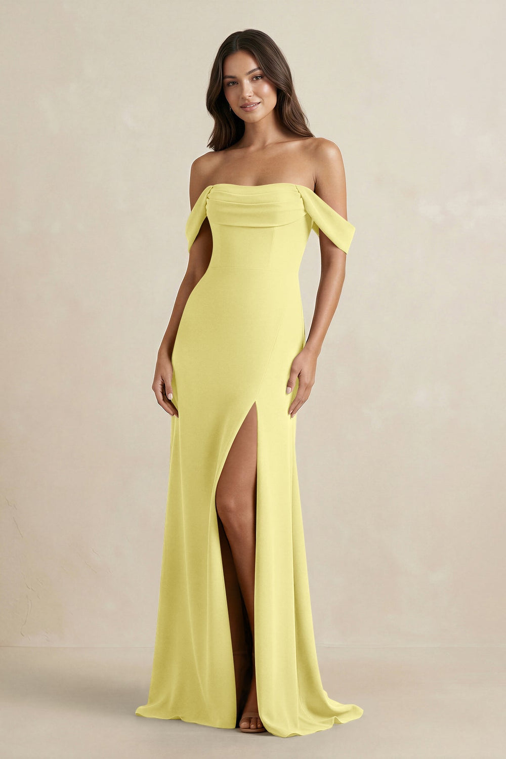Off - the - Shoulder Sheath Bridesmaid Dress with Slit in Buttercup - KISS BRIDAL Bridesmaid Dresses