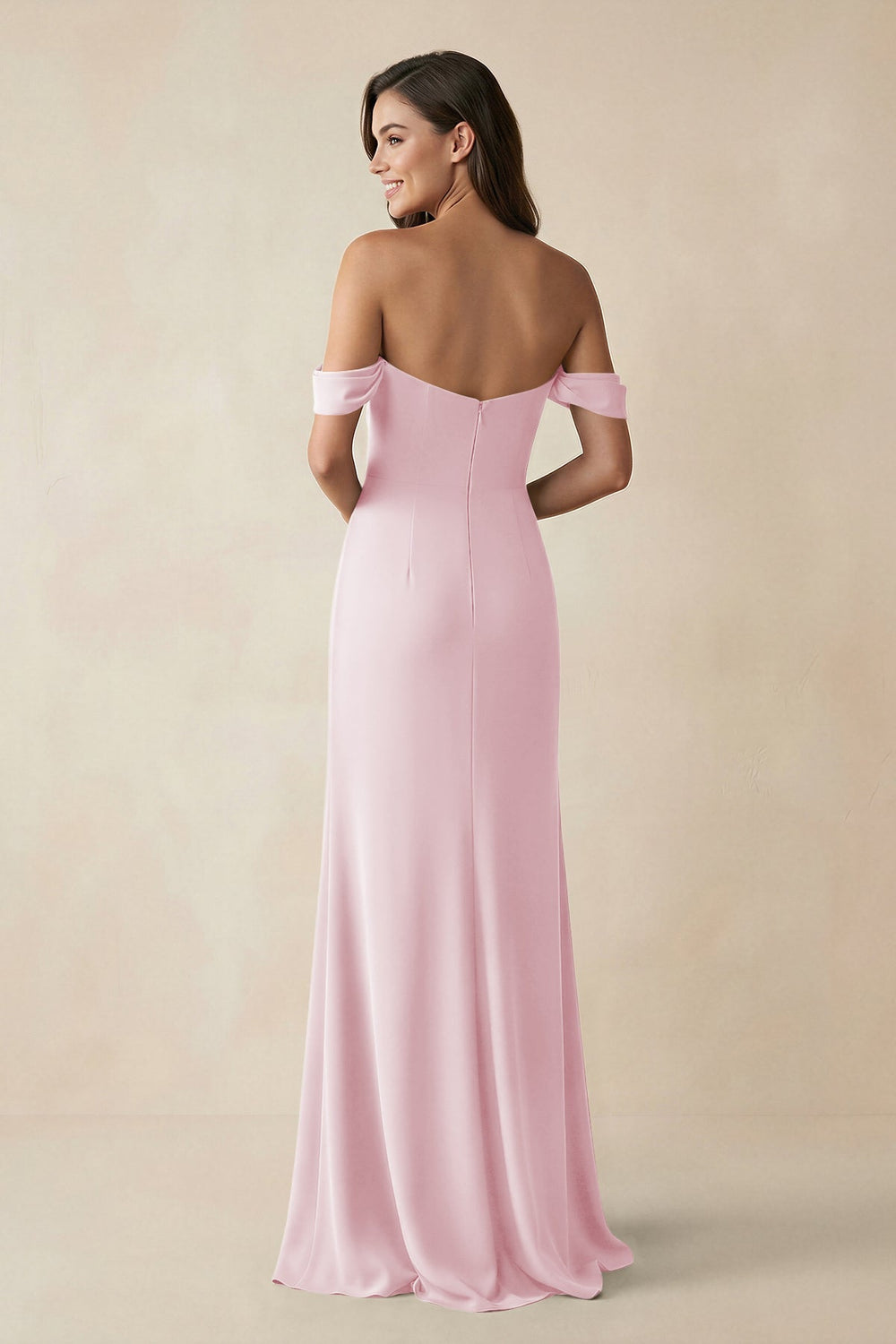 Off - the - Shoulder Sheath Bridesmaid Dress with Slit in Candy Pink - KISS BRIDAL Bridesmaid Dresses