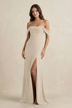 Off - the - Shoulder Sheath Bridesmaid Dress with Slit in Champagne - KISS BRIDAL Bridesmaid Dresses