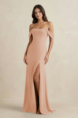 Off - the - Shoulder Sheath Bridesmaid Dress with Slit in Champagne Rose - KISS BRIDAL Bridesmaid Dresses