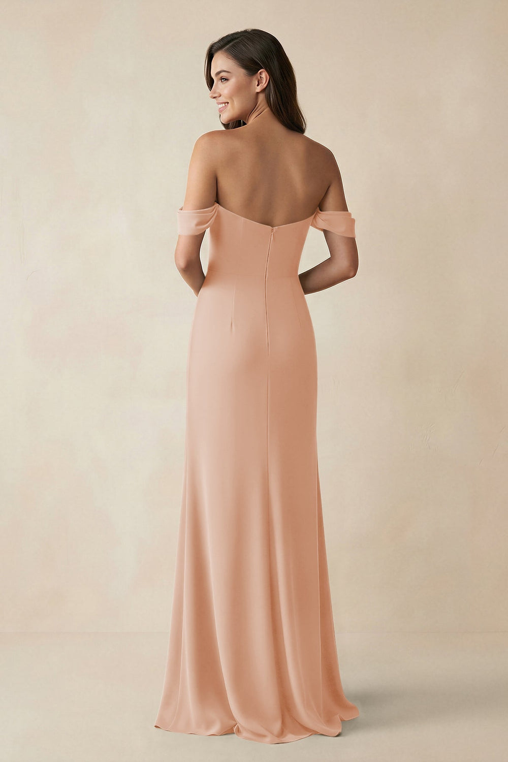 Off - the - Shoulder Sheath Bridesmaid Dress with Slit in Champagne Rose - KISS BRIDAL Bridesmaid Dresses