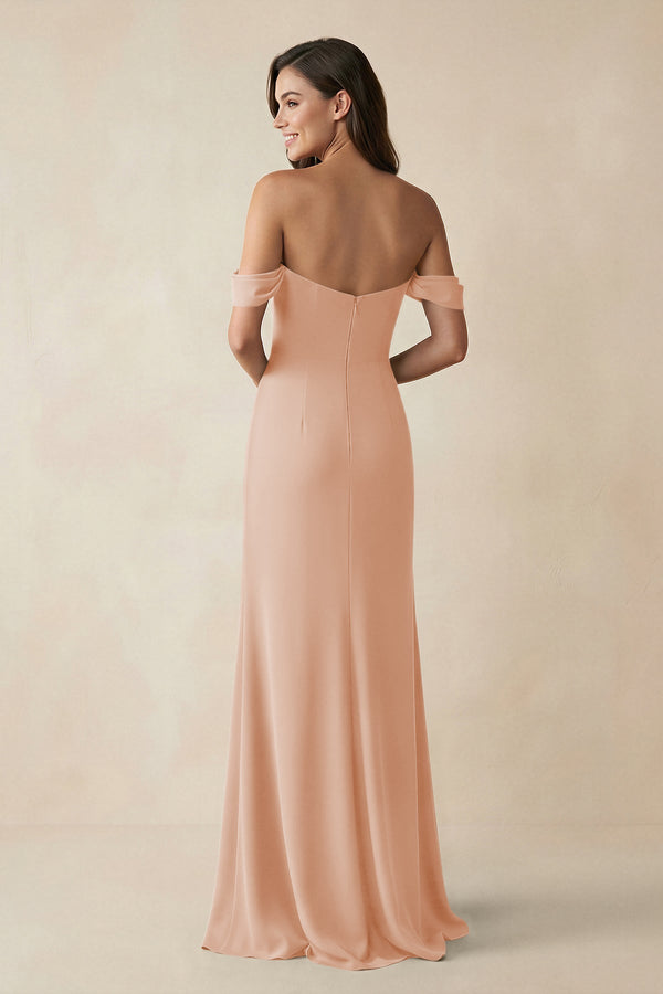 Off - the - Shoulder Sheath Bridesmaid Dress with Slit in Champagne Rose - KISS BRIDAL Bridesmaid Dresses