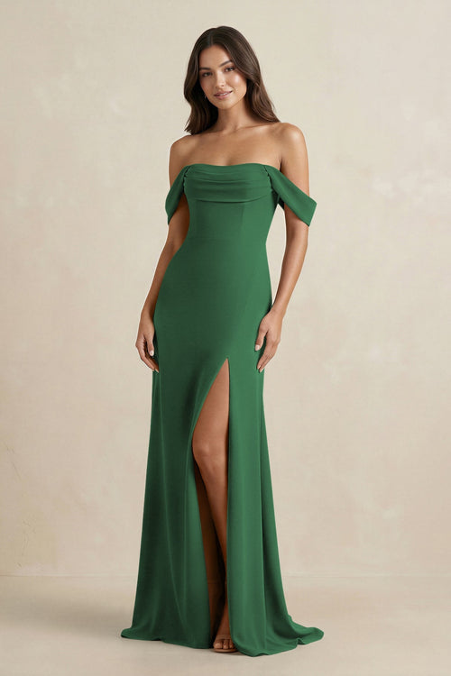 Off - the - Shoulder Sheath Bridesmaid Dress with Slit in Dark Green - KISS BRIDAL Bridesmaid Dresses