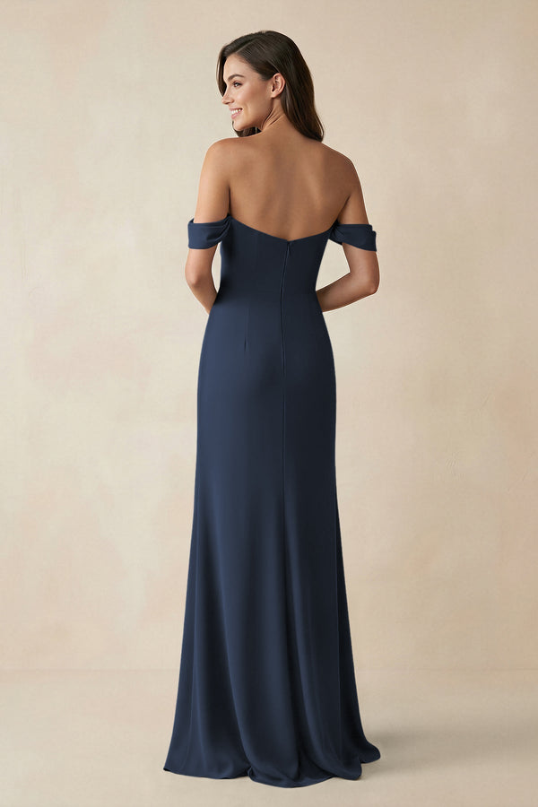 Off - the - Shoulder Sheath Bridesmaid Dress with Slit in Dark Navy - KISS BRIDAL Bridesmaid Dresses