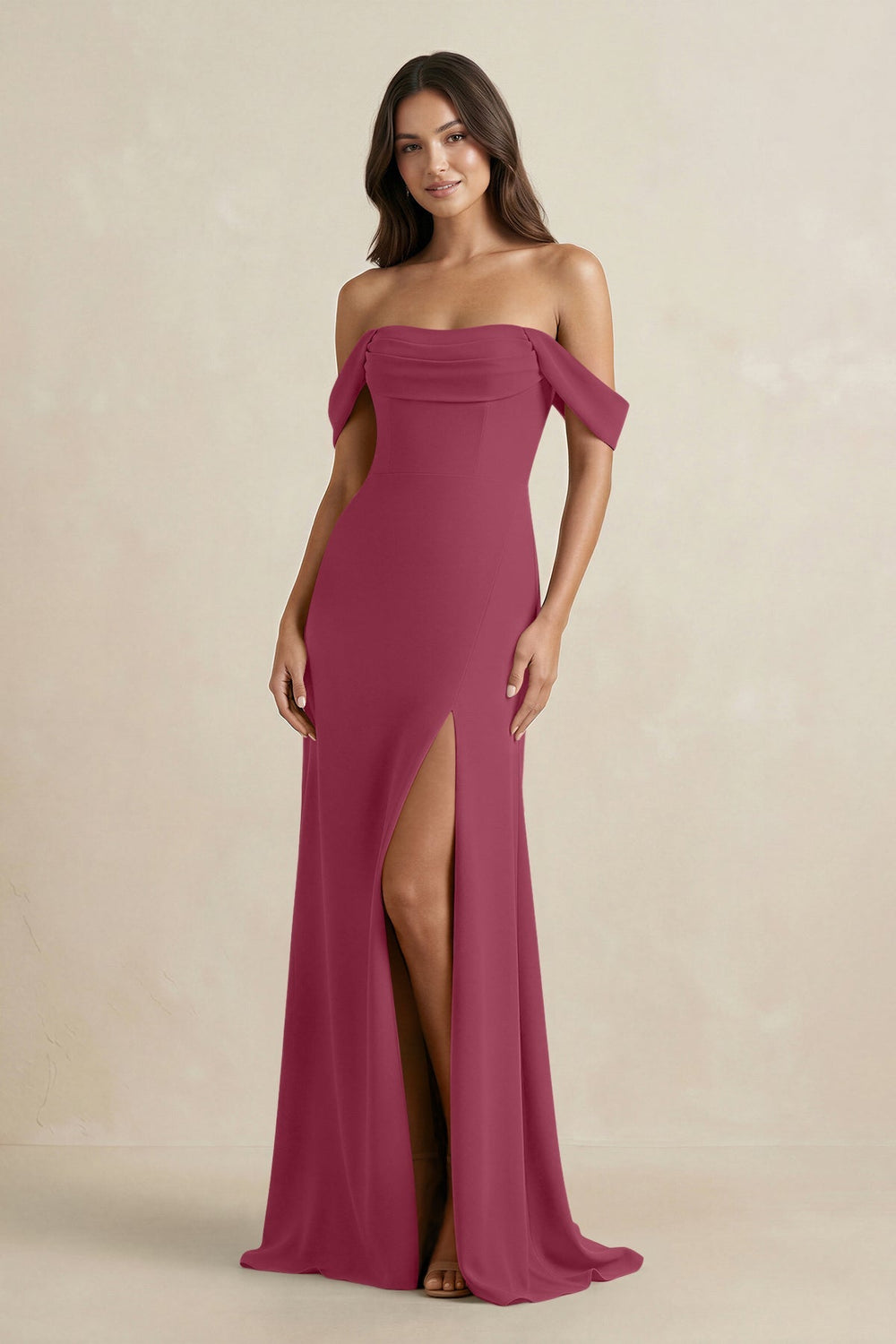 Off - the - Shoulder Sheath Bridesmaid Dress with Slit in Desert Rose - KISS BRIDAL Bridesmaid Dresses