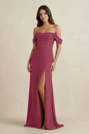 Off - the - Shoulder Sheath Bridesmaid Dress with Slit in Desert Rose - KISS BRIDAL Bridesmaid Dresses