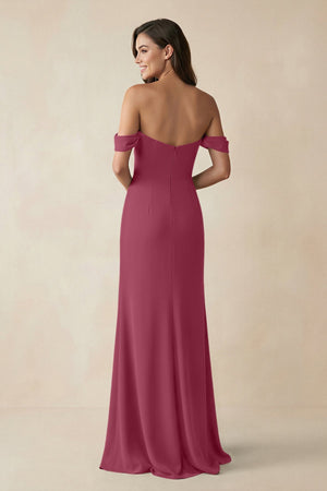 Off - the - Shoulder Sheath Bridesmaid Dress with Slit in Desert Rose - KISS BRIDAL Bridesmaid Dresses