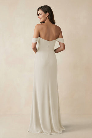 Off - the - Shoulder Sheath Bridesmaid Dress with Slit in Dove Gray - KISS BRIDAL Bridesmaid Dresses