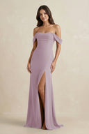 Off - the - Shoulder Sheath Bridesmaid Dress with Slit in Dusk - KISS BRIDAL Bridesmaid Dresses