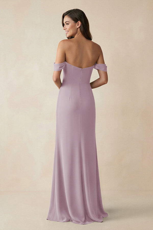 Off - the - Shoulder Sheath Bridesmaid Dress with Slit in Dusk - KISS BRIDAL Bridesmaid Dresses