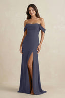 Off - the - Shoulder Sheath Bridesmaid Dress with Slit in Dusk Blue - KISS BRIDAL Bridesmaid Dresses