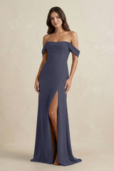 Off - the - Shoulder Sheath Bridesmaid Dress with Slit in Dusk Blue - KISS BRIDAL Bridesmaid Dresses