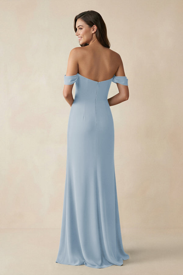 Off - the - Shoulder Sheath Bridesmaid Dress with Slit in Dusty Blue - KISS BRIDAL Bridesmaid Dresses