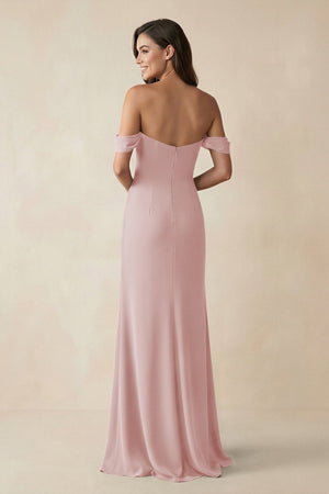 Off - the - Shoulder Sheath Bridesmaid Dress with Slit in Dusty Rose - KISS BRIDAL Bridesmaid Dresses