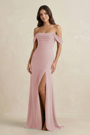 Off - the - Shoulder Sheath Bridesmaid Dress with Slit in Dusty Rose - KISS BRIDAL Bridesmaid Dresses