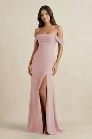 Off - the - Shoulder Sheath Bridesmaid Dress with Slit in Dusty Rose - KISS BRIDAL Bridesmaid Dresses