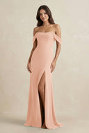 Off - the - Shoulder Sheath Bridesmaid Dress with Slit in English Rose - KISS BRIDAL Bridesmaid Dresses