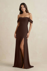 Off - the - Shoulder Sheath Bridesmaid Dress with Slit in Espresso - KISS BRIDAL Bridesmaid Dresses