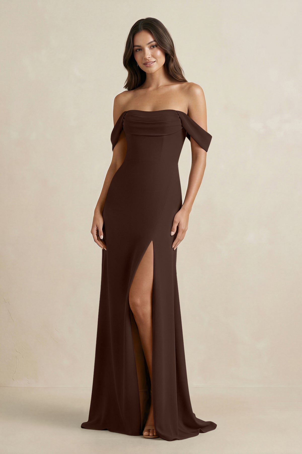 Off-the-Shoulder Sheath Bridesmaid Dress with Slit in Espresso