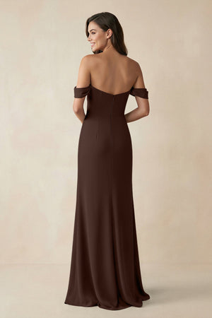 Off - the - Shoulder Sheath Bridesmaid Dress with Slit in Espresso - KISS BRIDAL Bridesmaid Dresses