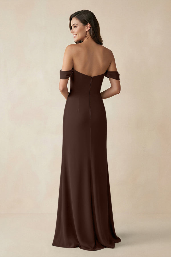 Off - the - Shoulder Sheath Bridesmaid Dress with Slit in Espresso - KISS BRIDAL Bridesmaid Dresses