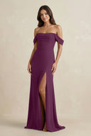 Off - the - Shoulder Sheath Bridesmaid Dress with Slit in Fig - KISS BRIDAL Bridesmaid Dresses