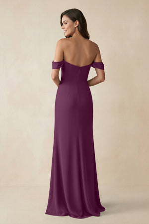 Off - the - Shoulder Sheath Bridesmaid Dress with Slit in Fig - KISS BRIDAL Bridesmaid Dresses