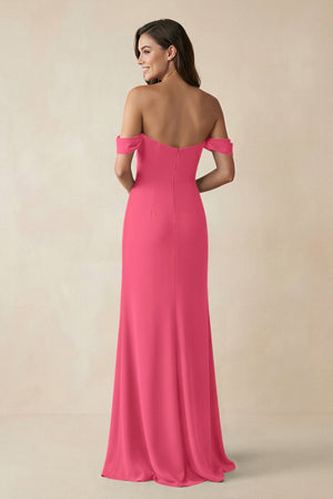 Off - the - Shoulder Sheath Bridesmaid Dress with Slit in Fuchsia - KISS BRIDAL Bridesmaid Dresses