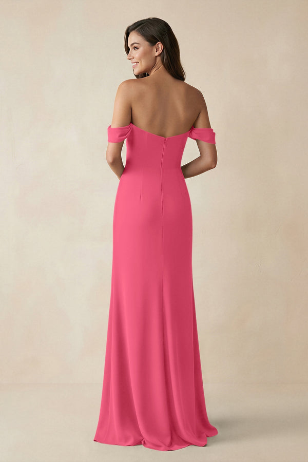 Off - the - Shoulder Sheath Bridesmaid Dress with Slit in Fuchsia - KISS BRIDAL Bridesmaid Dresses