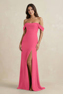 Off - the - Shoulder Sheath Bridesmaid Dress with Slit in Fuchsia - KISS BRIDAL Bridesmaid Dresses