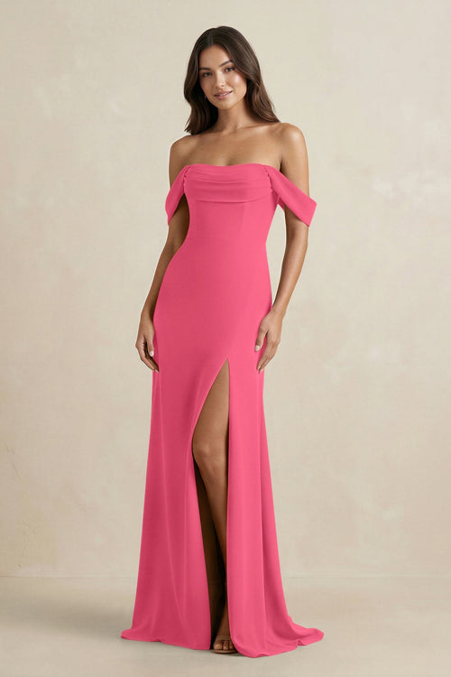 Off - the - Shoulder Sheath Bridesmaid Dress with Slit in Fuchsia - KISS BRIDAL Bridesmaid Dresses